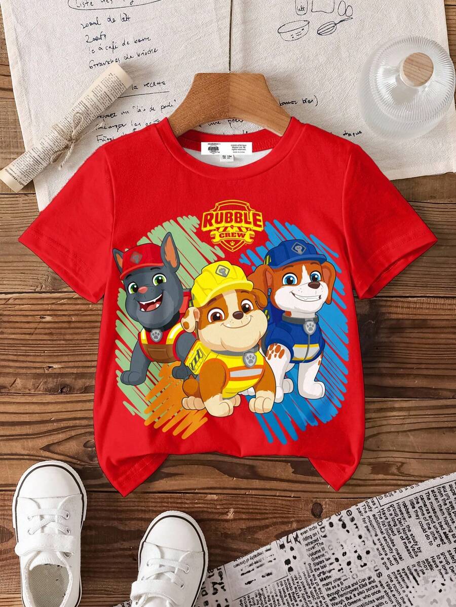 Rubble X SHEIN 小男孩卡通小狗印花圆领短袖T恤