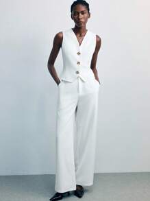 Maija 女士白色金属扣无袖V领两件套服装，适合外出，教师制服 - 白色 - 查看 2
