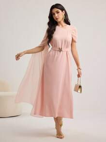 Modelyn Trang trí khóa kim loại bất đối xứng, áo choàng bằng vải chiffon tay lớn, váy bó eo - Hồng - Xem 4