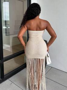 Alexandranx Island Girl Crochet Dress Cover Up Apricot Linen Strapless Strapless Spring And Summer Vacation Beach Extra Long Tassel Mini Crochet Dress - Apricot - View 3