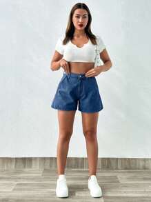 EURMUSE 100%纯棉斜口袋纽扣雪花洗牛仔短裤 - 寶藍色 - 查看 4