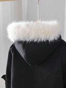 SHEIN Baby Girls Casual Single-Breasted Bow Cuffs Faux Fur Hooded Overcoat, Autumn/Winter Fall - Black - View 5