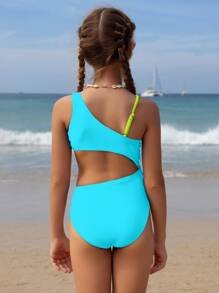 SHEIN Tween Girl Color-Block Asymmetric Neckline One-Piece Swimsuit, Hollowed-Out Waist Design Purple Beach Outfit Summer Holiday - Multicolor - View 2