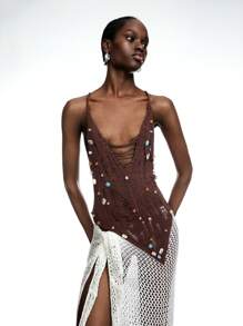 LYSMO Áo hai dây gợi cảm trang trí hạt cườm trơn màu dành cho nữ - màu nâu - Xem 3