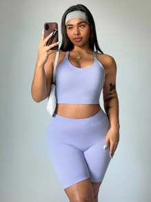 Rhythm Era Plus Size Women Criss-Cross Strap Sports Bra Vest And Shorts 2 Piece Set