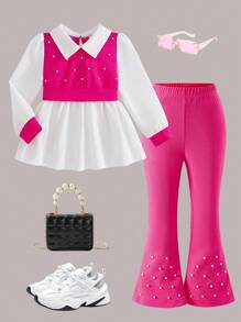 Young Girls 2 Pieces Set, Pearl Decor Fitted Long Sleeve Shirt & Slim Flared Pants, Spring/Autumn Fall Winter - Hot Pink - View 3