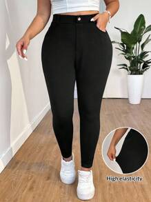 SHEIN EZwear Plus Size Solid Color High Waist Pants, Suitable For Everyday Wear, Spring/Summer - Black - View 1