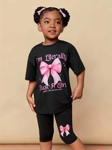 CutesyCutie 2pcs/Set Young Girl Solid Color Bow Design Loose Round Neck T-Shirt And Shorts Set Girls School Uniform,School Tops,Tops For School - Black - View 7