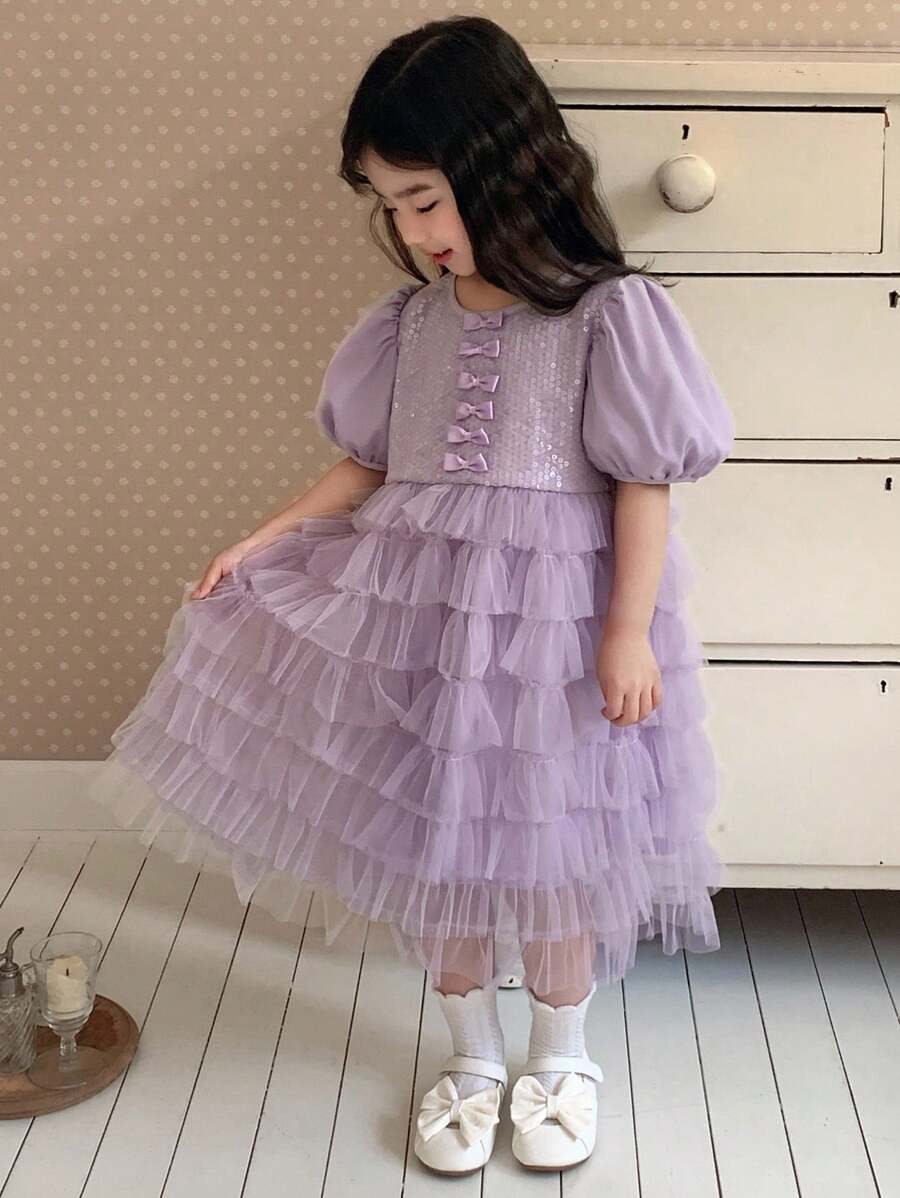 Dazy Kids 少女圆领亮片网眼拼接短袖生日派对连衣裙 - 粉色 - 查看 1