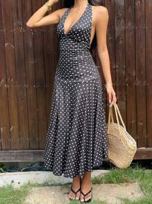 SHEIN EZwear Stilvolles, französisch-romantisches Kleid für Frauen mit schwarz-weißem Punktemuster, Trägerkonstruktion und rückenfreiem Design - Schwarz und Weiss - Übersicht 5