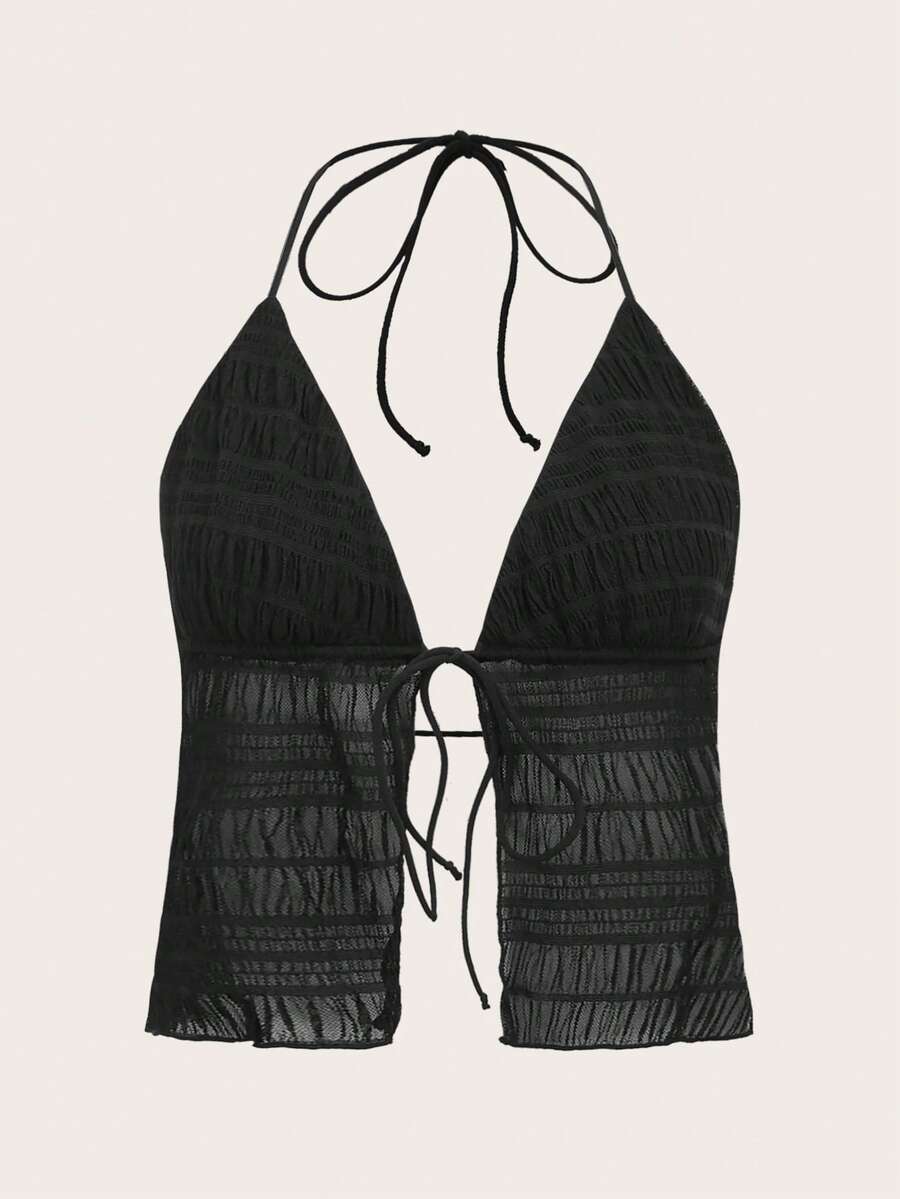 SHEIN ICON Top halter con espalda descubierta, abertura lateral y malla con efecto Y2K - Negro - Ver 1