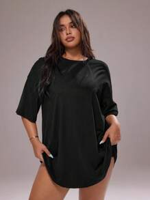 Rustia Plus Size Solid Drop Shoulder Tee CASUAL - Black - View 1