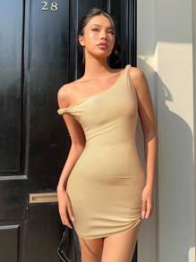 Aloruh Đầm ôm body hở vai gợi cảm không tay màu đỏ cho nữ - Màu be - Xem 1