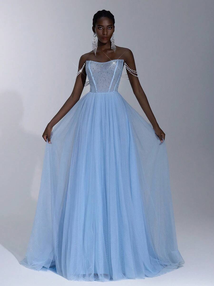 Elitara 奢华优雅的海蓝宝石网眼材质圆领水钻装饰紧身胸衣，配有可调节吊带，透视裙摆 A 字形正式晚礼服（大量装饰） - 藍色 - 查看 1