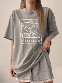 DAZY Áo thun nữ dáng rộng, cổ tròn, tay ngắn, họa tiết hoạt hình, thích hợp mặc mùa hè, đi làm. - Xám - Xem 4