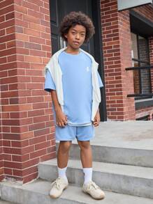 JNSQ Back To School Casual Street Style Printed Boys Outfit Sets, Loose Fit Sweatshirt & Shorts, Japanese Style, Summer Leisure, Urban Youth Design - Baby Blue - View 2