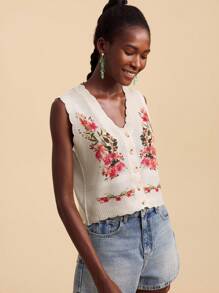 Travachic Women V-Neck Floral Pattern Button Front Sleeveless Sweater Vest, Beach,Spring Break,Vacation,Concert - Apricot - View 5