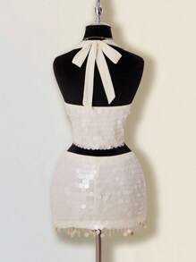 SHEIN ICON Bộ 2 món váy cưới hở vai đính sequin lấp lánh dự tiệc màu sâm panh thanh lịch và váy ngắn cạp thấp dành cho nữ - Màu be - Xem 2