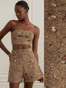 Revavyn Bộ 2 món: Áo ống thêu sequin màu nâu và vàng + quần short thanh lịch bằng vải tuýt dành cho nữ - Cà phê nâu - Xem 1