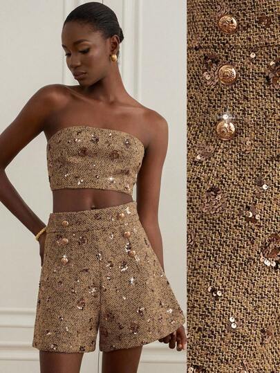 Aveloria Rosie Set de 2 piezas: Top tubo elegante de tweed bordado con lentejuelas doradas y marrones + shorts para mujeres