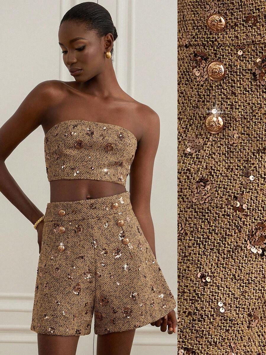 Revavyn Bộ 2 món: Áo ống thêu sequin màu nâu và vàng + quần short thanh lịch bằng vải tuýt dành cho nữ - Cà phê nâu - Xem 1