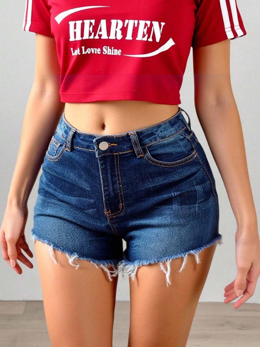 Teen Girls' Casual Washed Distressed Denim Shorts, Summer - Dark Wash - View 1