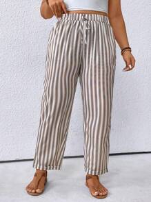 SHEIN PETITE CURVE Plus Size Color Block Striped Cone Shaped Casual Vacation Pants, Petite Plump - Khaki - View 7