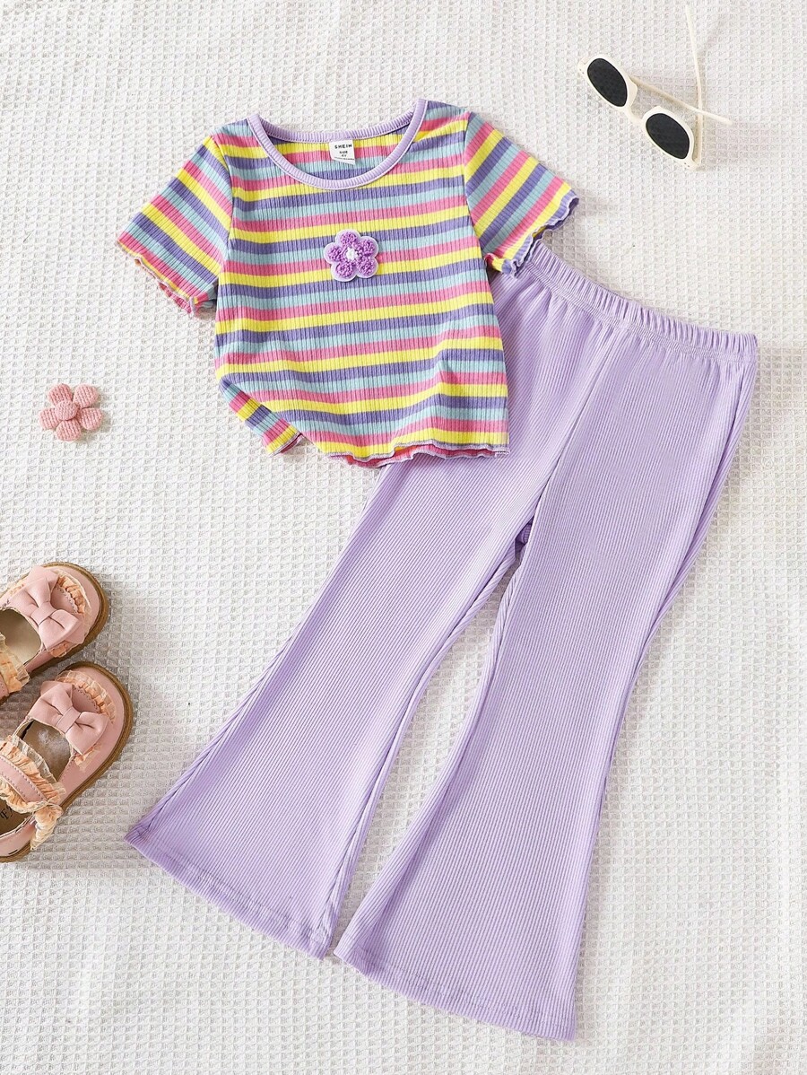 Genkimix Kids 2pcs/Set Toddler Girl Striped Purple Embroidered Flower Luttuce Trim Top And Ribbed Flare Pant Set Outfit Summer Holiday - Purple - View 1
