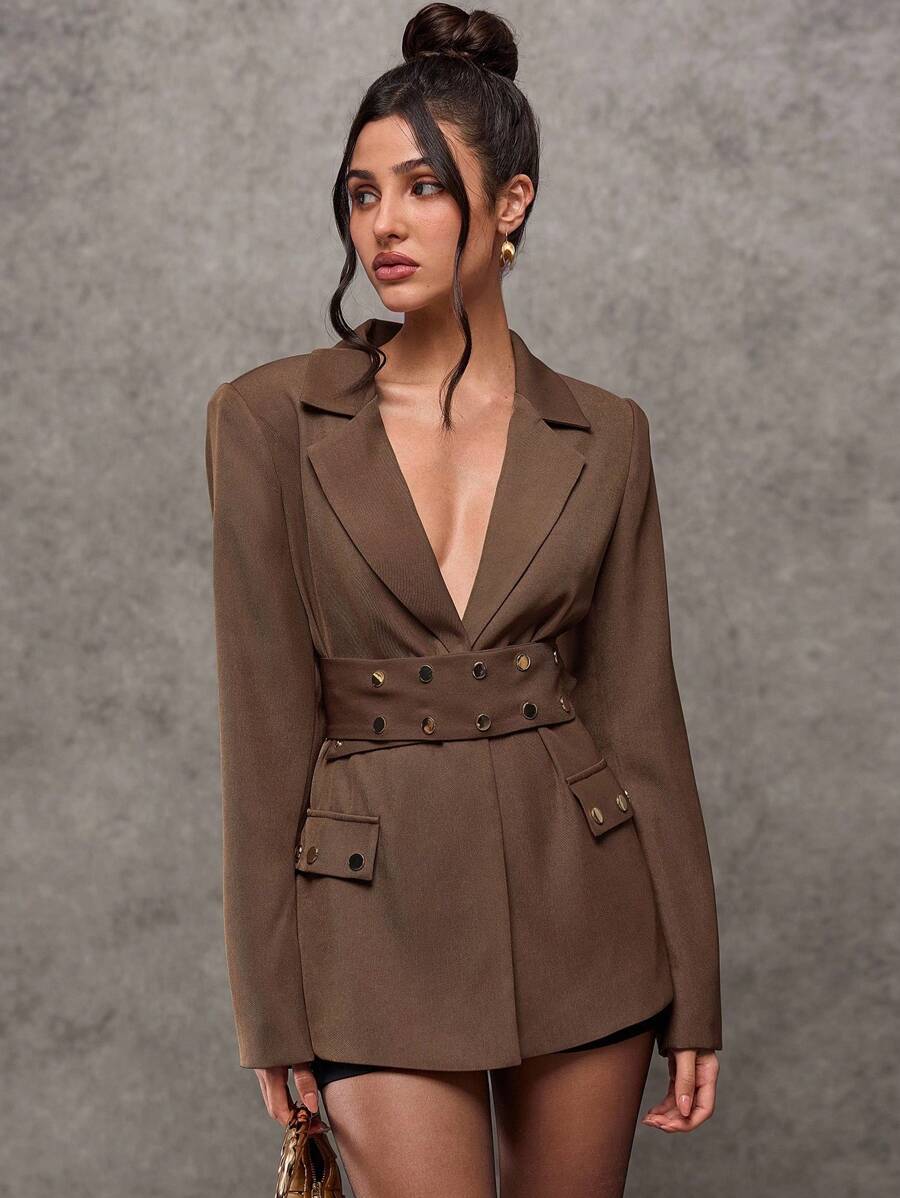 Avenya Fashionable Rivet Design Belt Waist Cinched, Shoulder Pad V-Neck Long Sleeve Blazer, Office Siren, Sexy Goddess, Suit Style, Fall, Autumn Winter, Academic Atmosphere, Spicy Girl Style, Suit Jacket, Casual Daily Wear, Woman Business Casual