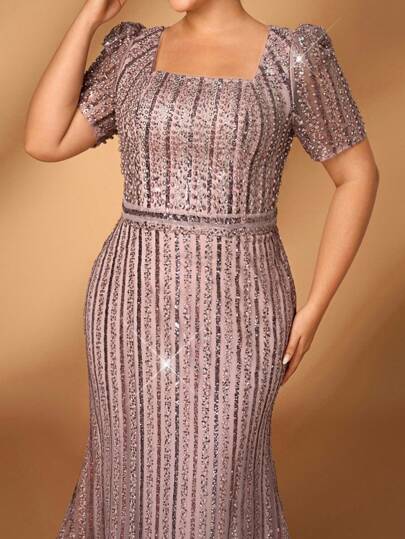 Serin 加大码优雅浪漫粉色方领短袖奢华刺绣珍珠和水钻美人鱼下摆奢华婚礼新娘新娘母亲派对礼服