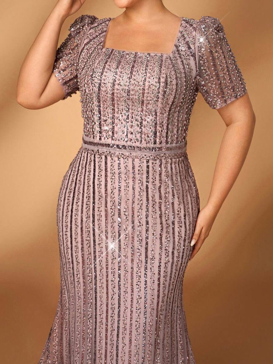 Serin 加大码优雅浪漫粉色方领短袖奢华刺绣珍珠和水钻美人鱼下摆奢华婚礼新娘新娘母亲派对礼服 - 藕粉色 - 查看 1