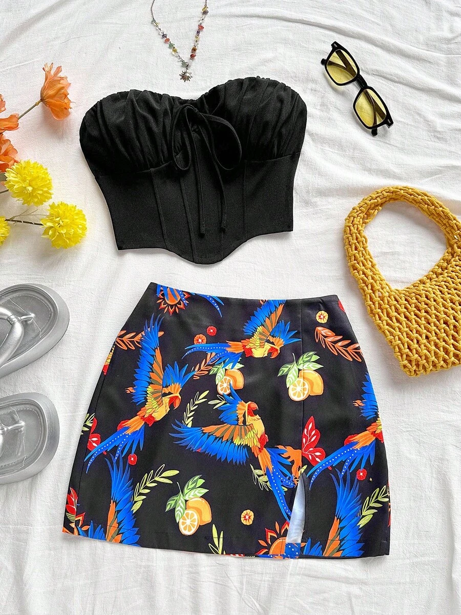 Soleia Damen einfarbiges Crop Top mit Bindedetail und Mini Rock mit Papageienmuster, für Urlaub, Musikfestival, Strand - Verschiedenfarbig - Übersicht 1