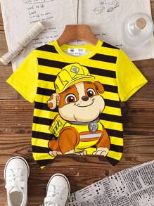 Rubble X SHEIN Young Boy Cartoon And Striped Pattern Round Neck Short Sleeve T-Shirt - White - View 1