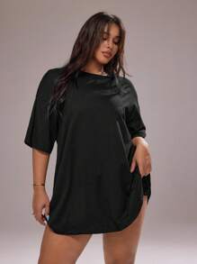 Rustia Plus Size Solid Drop Shoulder Tee CASUAL - Black - View 5