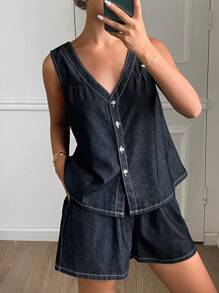 Livesso Ensemble femme avec top ample sans manches col V et short en jean décontracté