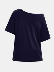 SHEIN Teen Girl Is Casual Letter Print Asymmetric Neck Loose Short Sleeve T-Shirt, Summer - Navy Blue - View 2