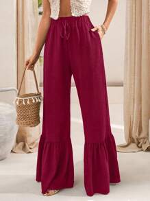 EURMUSE Elastic-Waist Black Flared Pants With Adjustable Drawstring And Tiered Ruffle Hem Detailing" - Burgundy - View 3