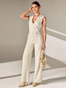 CLARA VERO Elegancki dwurzędowy krój z dekoltem mandaryńskim, zapinany na dwa guziki, bez rękawów, jednolity kolor, kamizelka i szerokie nogawki, jednokolorowe, gładkie, dzianinowe spodnie, 2 sztuki