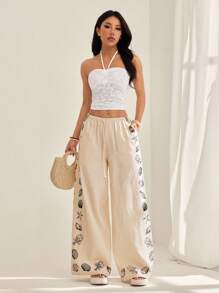 SHEIN PETITE 女士休闲假日贝壳和海星印花宽松裤