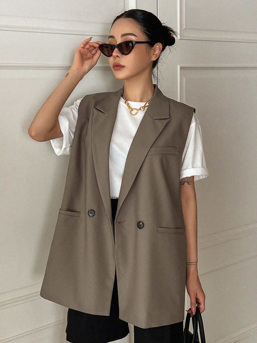 DAZY 女士宽松无袖马甲，商务休闲西装外套款式，适合夏季 - 卡其色 - 查看 1