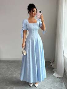 Elenzga 新款女式方领提花面料泡泡袖系带蝴蝶结露背休闲连衣裙，优雅百搭，适合日常穿着和度假 - 藍色 - 查看 5