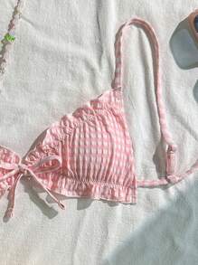 Swim Mod 女士格子褶饰比基尼上衣，甜美休闲性感沙滩装 - 粉色 - 查看 3