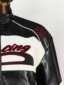 Amplova Damen Farbblock Frontzipp Langarm Buchstaben Muster einfache PU Jacke