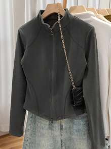 女士新款双拉链夹克，日常合身高弹力羊毛外套 - 深灰色 - 查看 1