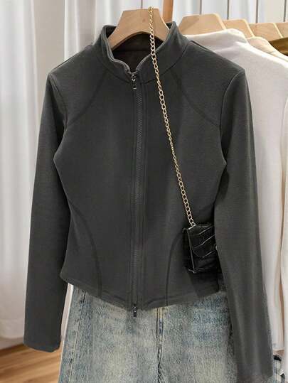 女士新款双拉链夹克，日常合身高弹力羊毛外套