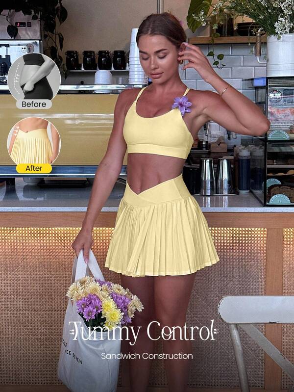 GLOWMODE Let's Play Sweat-Wicking Stretchy Mid-Rise Crossover Waist Pleated Tennis Skirt With Built-In Shorts Side Pockets Tennis Golf Daily