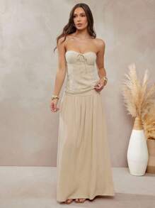 L'Amorae 女士纯色高腰褶皱长裙，休闲装，暑假装，休闲装，返校装 - 杏色 - 查看 1