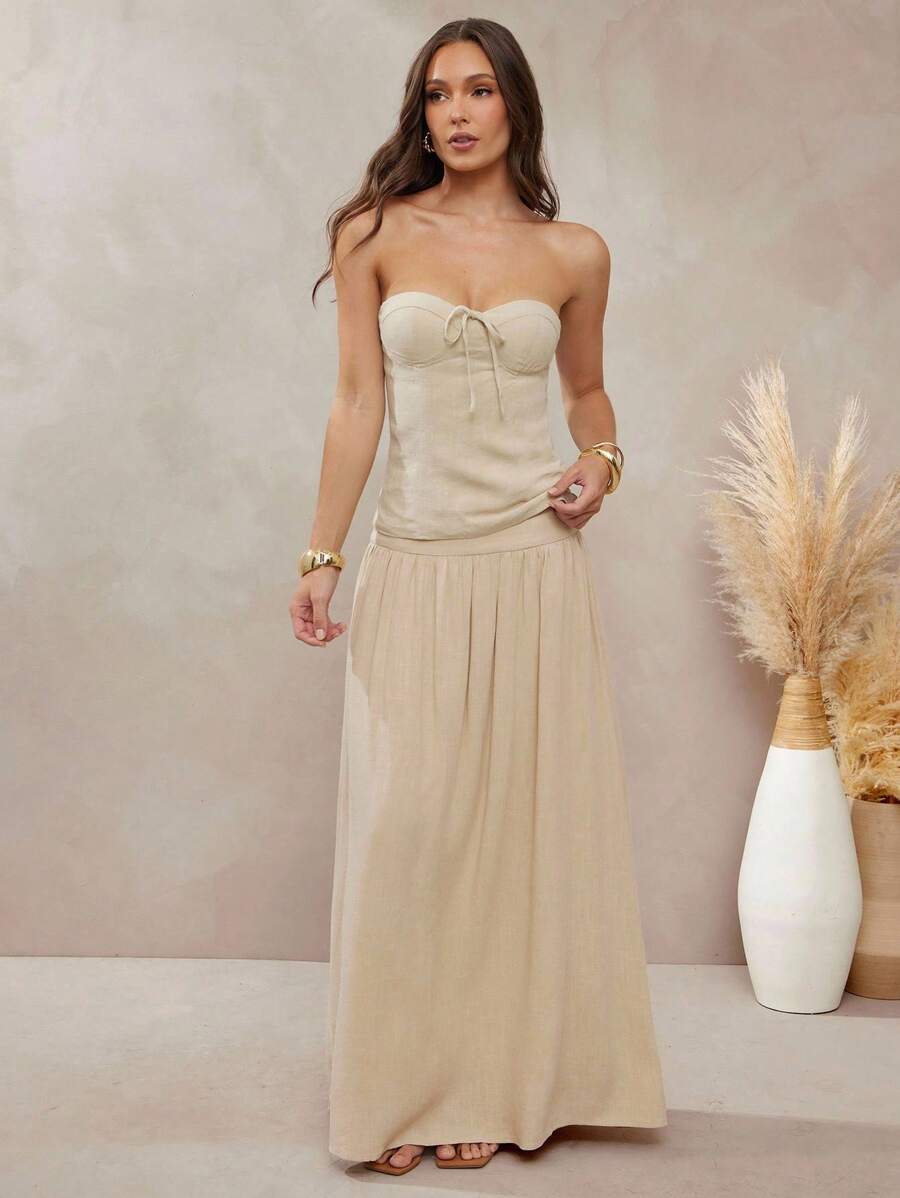 L'Amorae 女士纯色高腰褶皱长裙，休闲装，暑假装，休闲装，返校装 - 杏色 - 查看 1