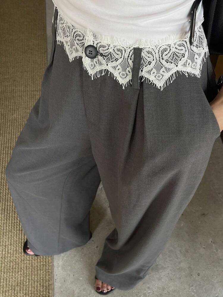 Women's Lace Patchwork Contrast Waist Band Straight-Leg Casual Pants, Stylish City Leisure Trousers
