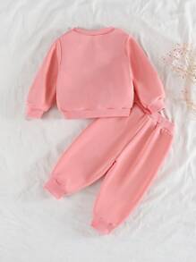 SHEIN 2pcs Baby Girls Cute 3D Rabbit Decor Casual Long Sleeve Pink Sweatshirt + Comfortable Sweatpants Set, Autumn/Winter - Watermelon Pink - View 2